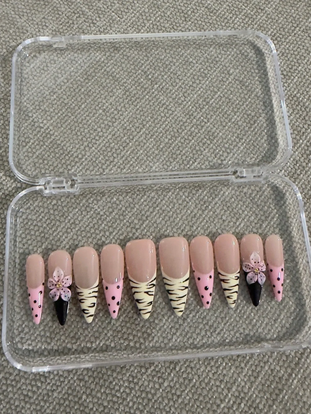 Handmade Pink Floral Press-On Nails Zebra French 3D Bow Size M